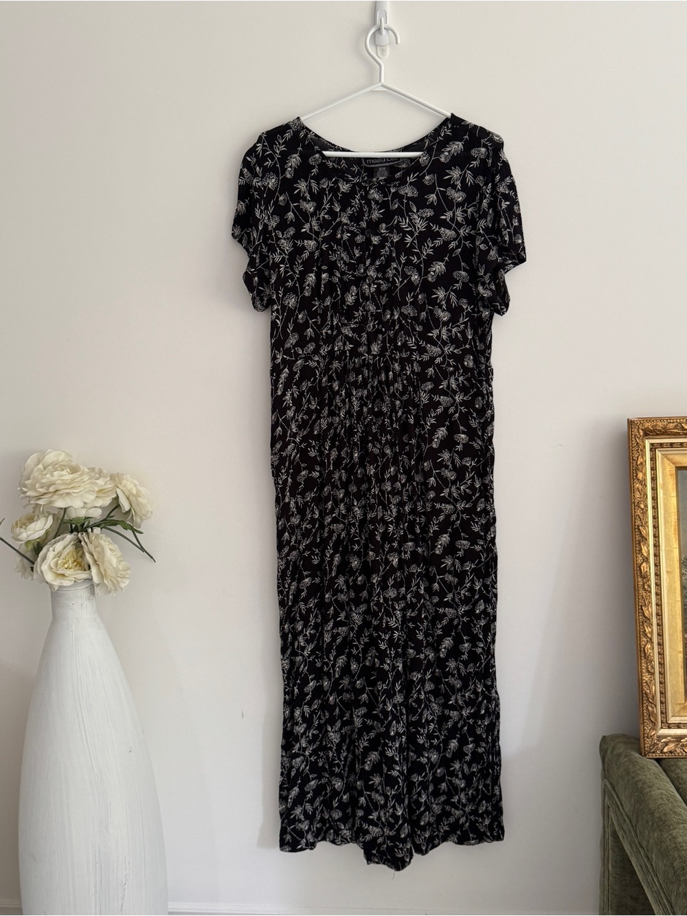 Vintage Black Floral Rayon Midi Dress M | Cottagecore Grunge